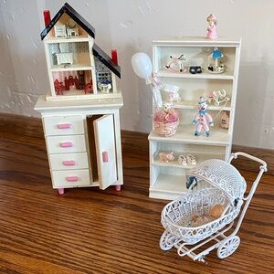Miniature Dollhouse Furniture Set with White and Pink Accents